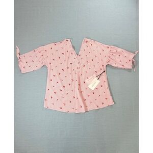 Coverstitched Cherry Print Striped V-Neck Blouse Pink White Large ET63102B NWT